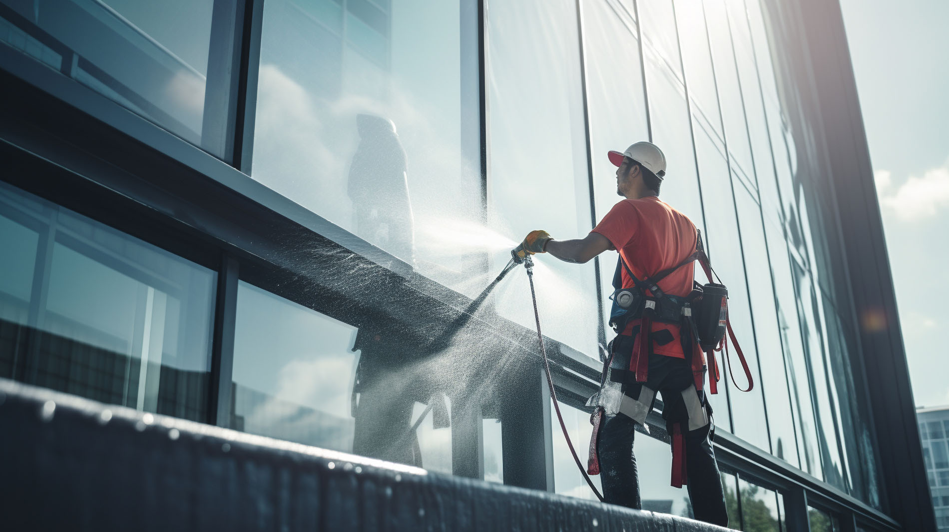 Worker spraying water on the facade of a modern office building.