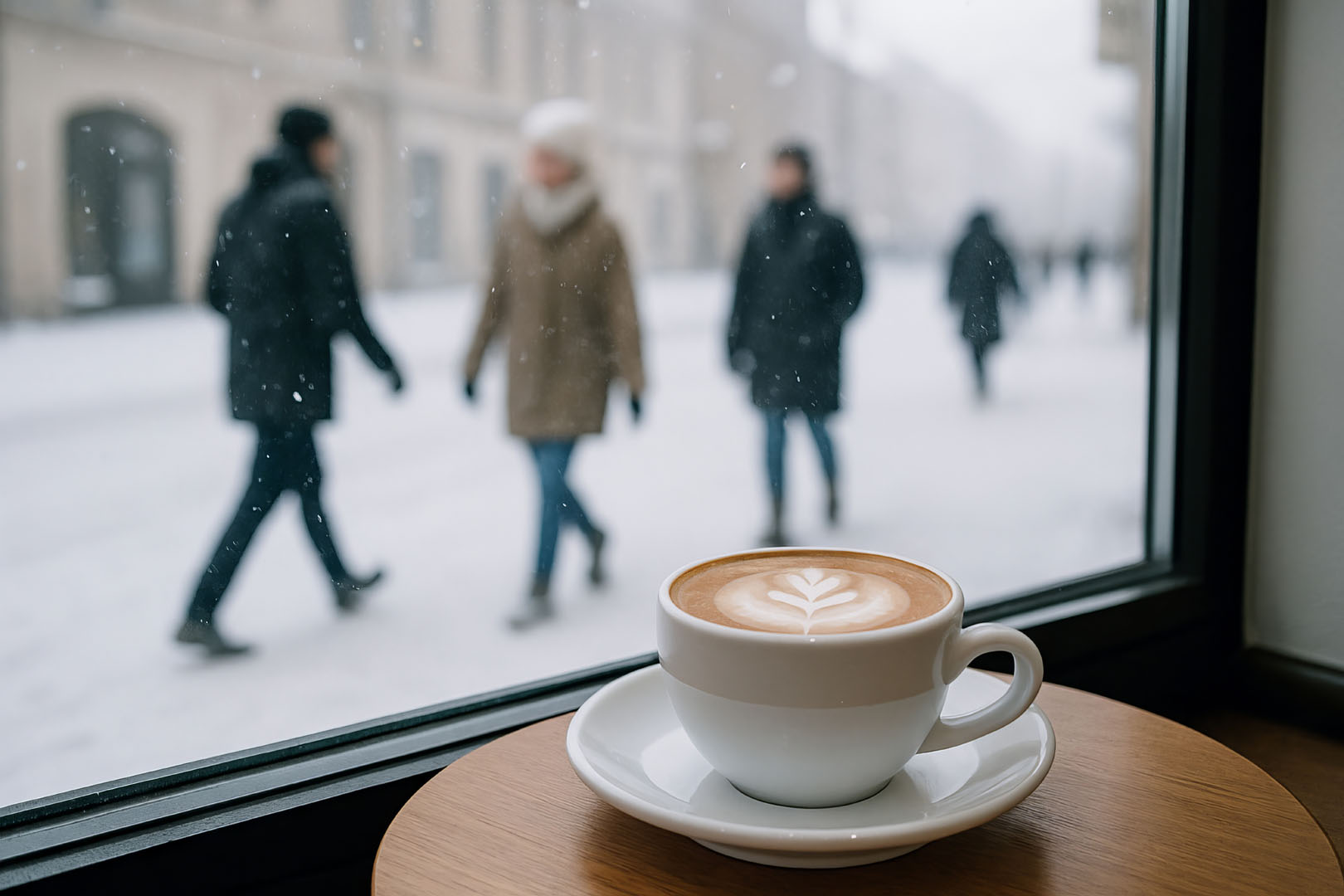 Winter cafe with cappuccino and snowy urban street view. concept of warm drinks, cozy atmosphere, seasonal relaxation in city.
